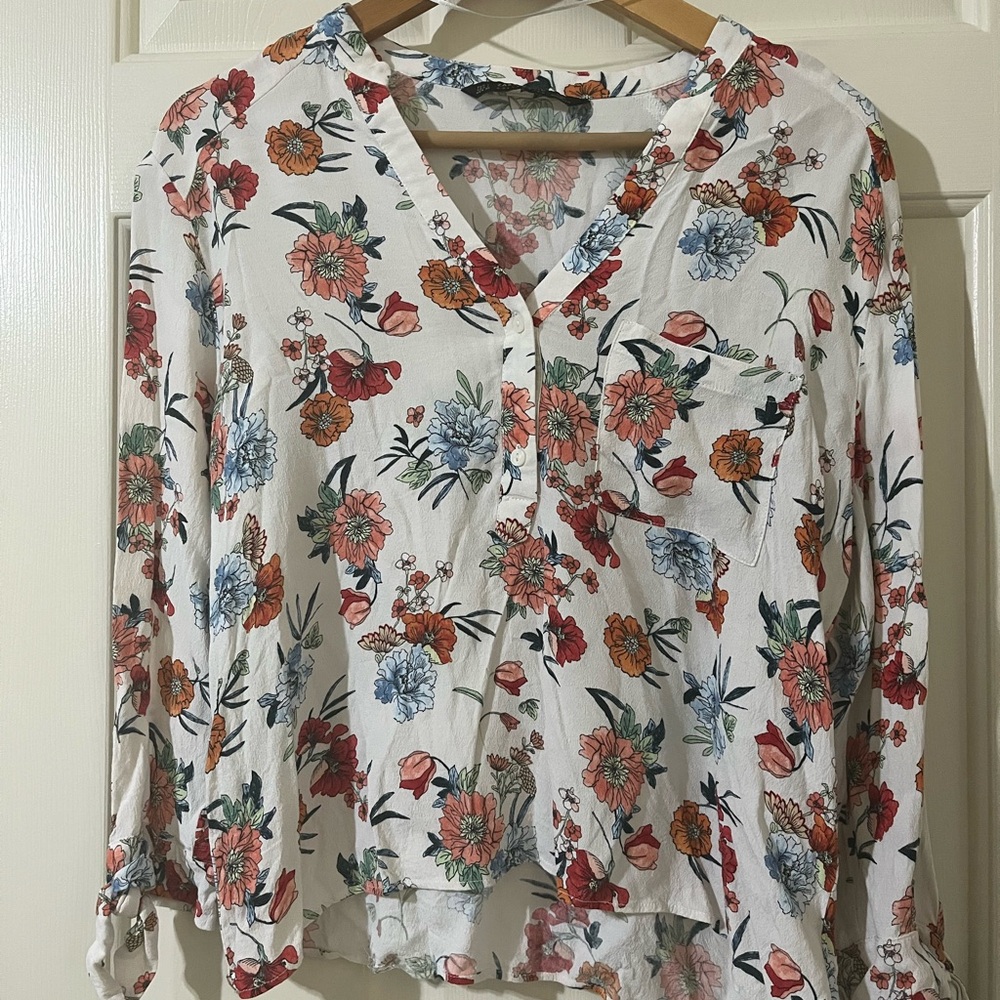 Zara Cream Long Sleeve Asymmetrical Blouse with Mandarin Collar